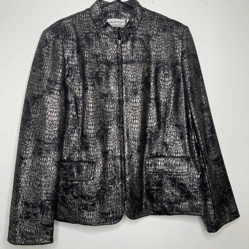 Alfred Dunner Women Jacket 12P Gray Silver Snakeskin Full Zip Pockets Lined